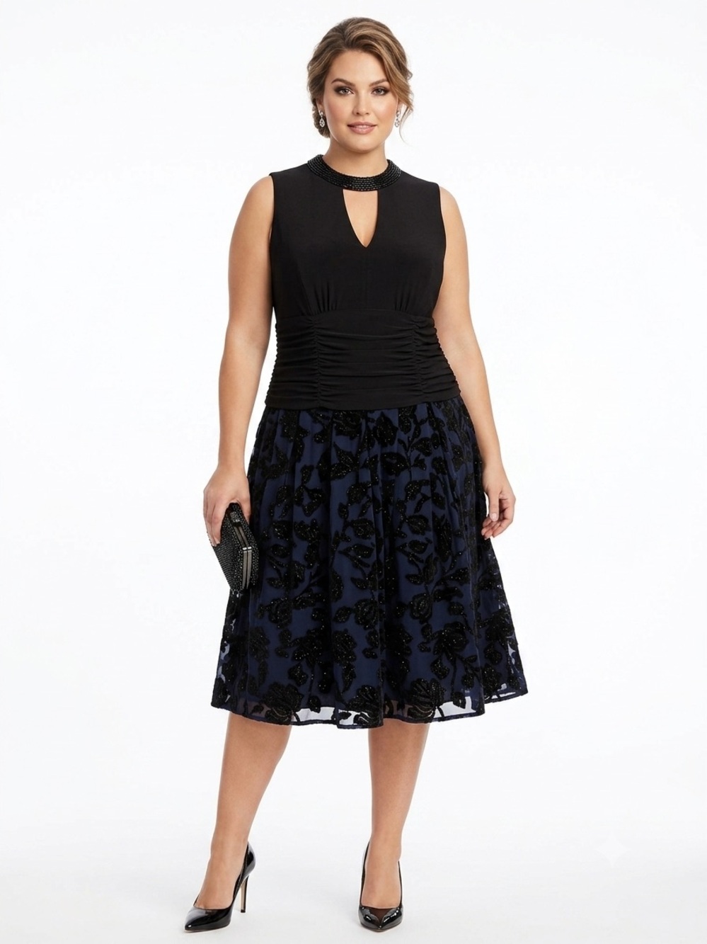 SLNY Black Blue Floral Burnout Cocktail Dress Beaded Neck 14W - Picture 1 of 9